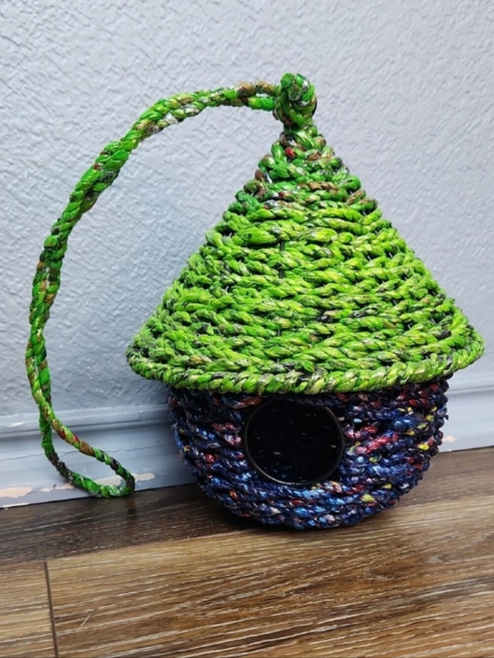 Recycled Paper Hanging Birdhouse Blue Green